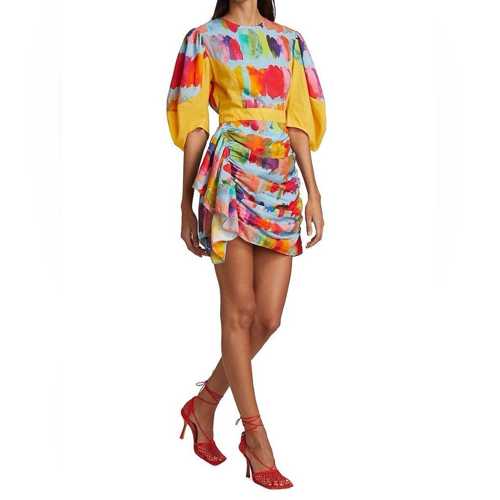 Rhode Pia Mini Dress Puff-Sleeve Brush‎ Strokes Multicolor Water Small XS - Picture 3 of 7